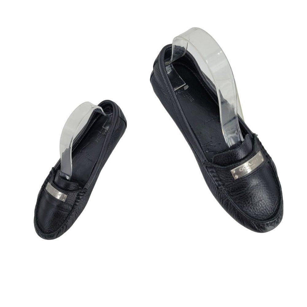 Coach Fredrica Pebble Leather Loafers 6.5 Black‎ A5175 Slip On Flats Silver Logo